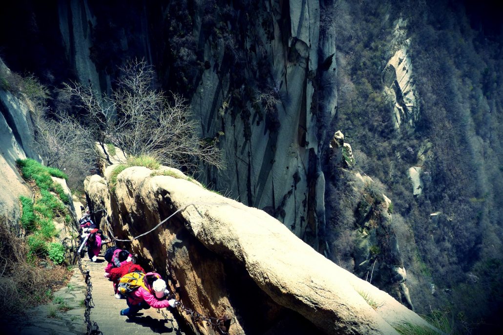 Hikers in pink jackets clinging to chains on a narrow rock ledge above a sheer drop on Mount Hua.