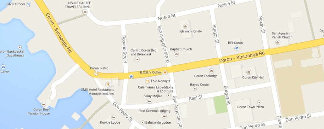 Map of central Coron showing Coron-Busuanga Road, streets and nearby lodgings and restaurants