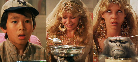 Three film stills from Indiana Jones and the Temple of Doom, showing a boy and a woman reacting to a banquet.