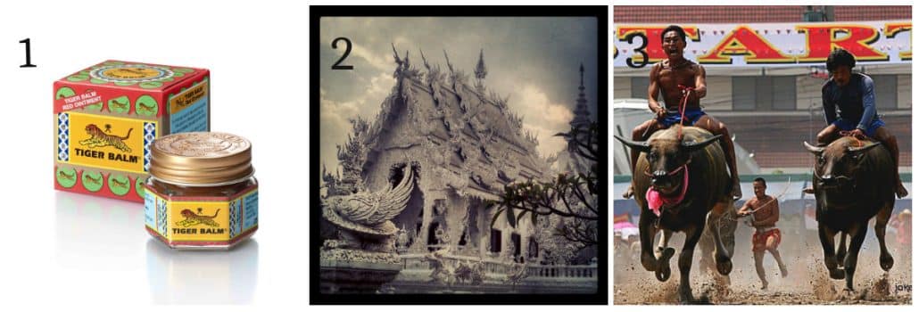 Three-panel Thailand collage: a jar of Tiger Balm, the White Temple, and men racing water buffalo.