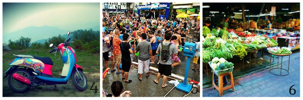 Three-panel Thailand collage: a pink and blue scooter, a Songkran water fight crowd, and a vegetable market stall.