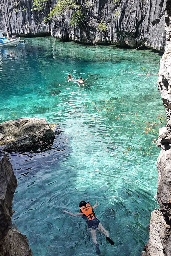 People in life jackets snorkel in clear turquoise water between grey limestone cliffs near Coron.