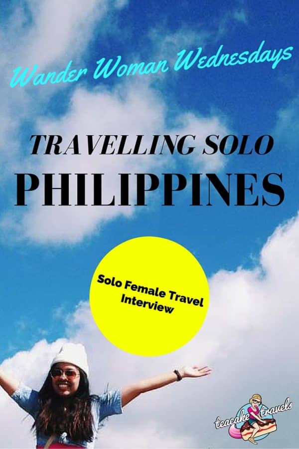 Pinterest graphic titled 'Travelling Solo Philippines' over a smiling woman with arms raised against a blue sky