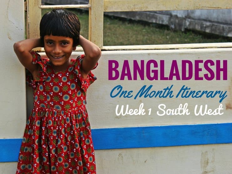 Graphic titled 'Bangladesh One Month Itinerary, Week 1 South West' beside a girl in a red dress leaning on a train.
