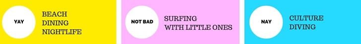 Colour-coded chart rating a Bali hotel: yay beach dining nightlife, not bad surfing with little ones, nay culture diving.