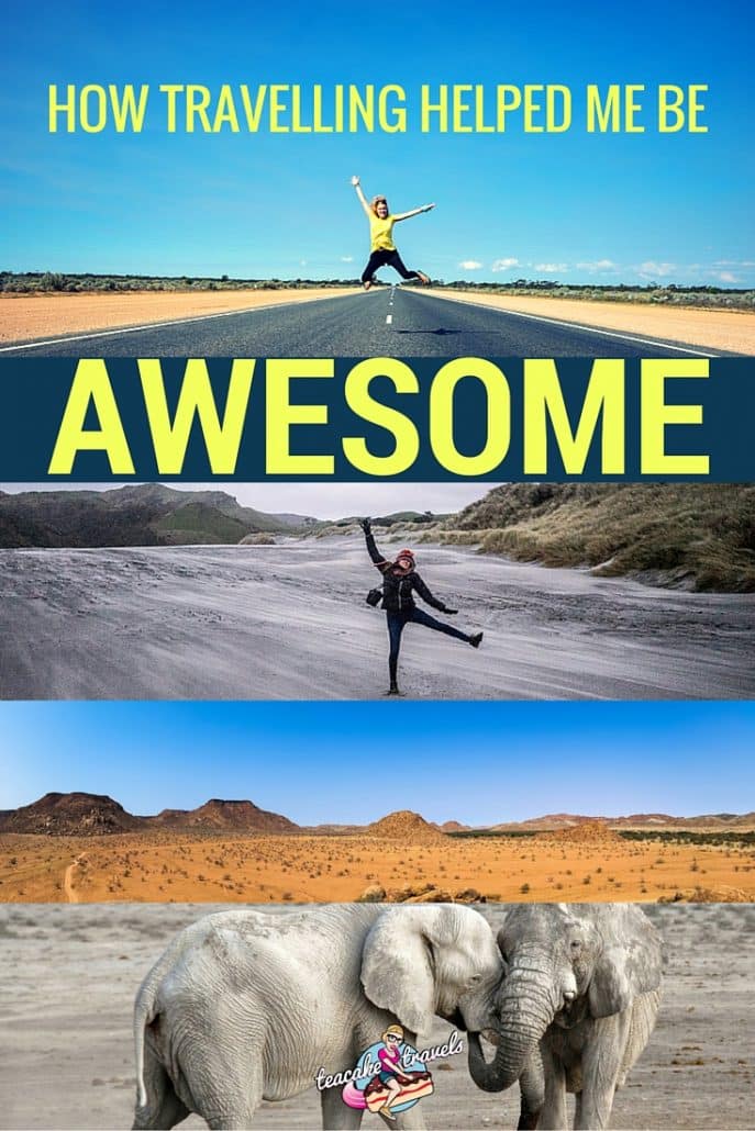 Pinterest pin titled 'How travelling helped me be awesome' with Namibia road, beach and elephants.