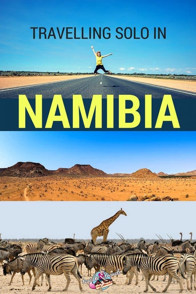 Pinterest pin titled 'Travelling Solo in Namibia' with a desert road, hills and grazing zebras.