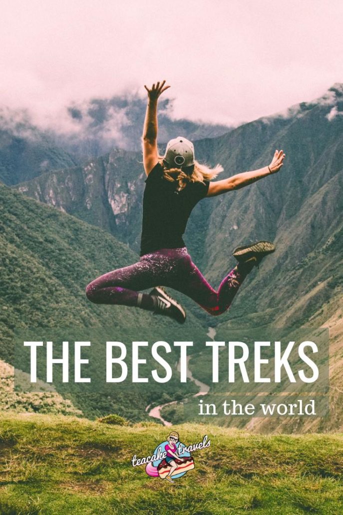 Pinterest graphic titled 'The Best Treks In The World' over a woman leaping mid-air above a mountain valley.