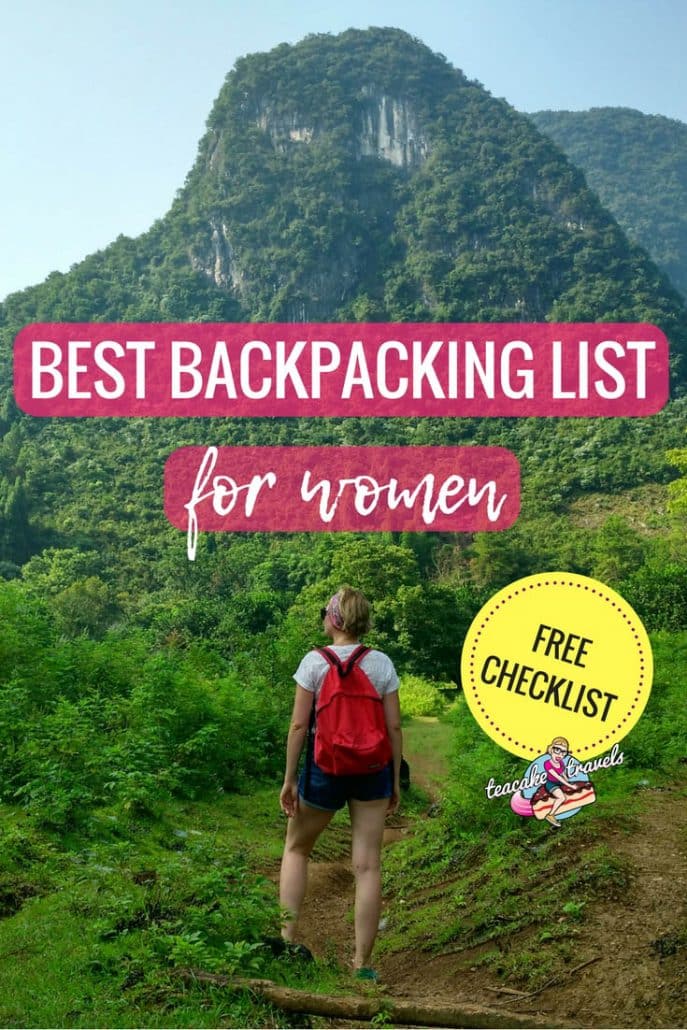 Pinterest graphic titled 'Best Backpacking List for Women, Free Checklist' over a woman hiking toward a green mountain.