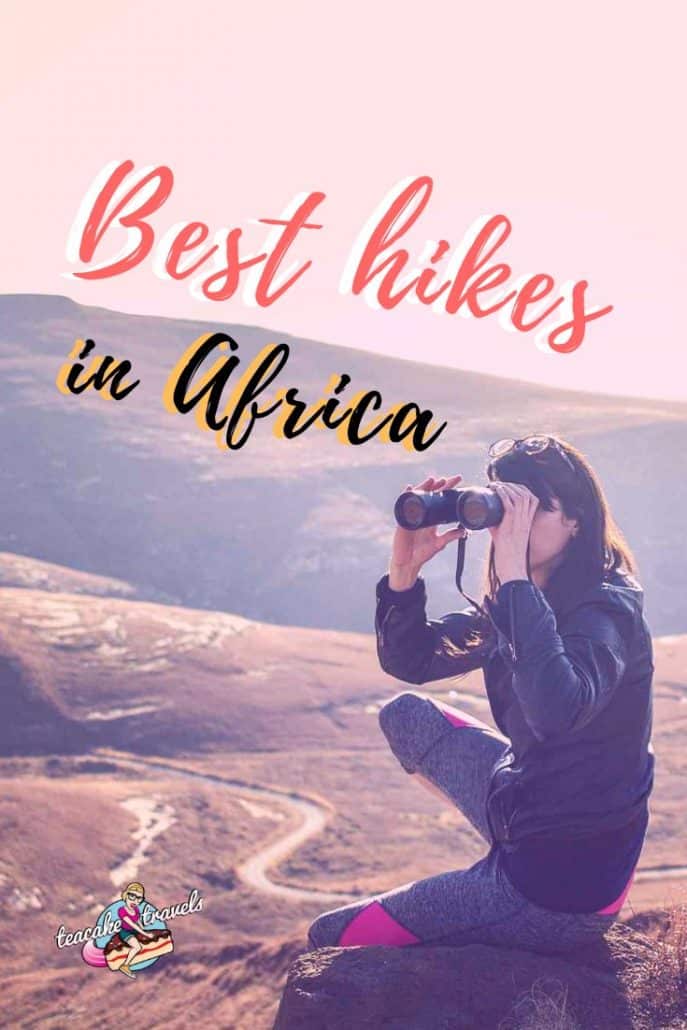 Pinterest pin titled 'Best hikes in Africa' over Alice looking through binoculars on a hilltop trail.
