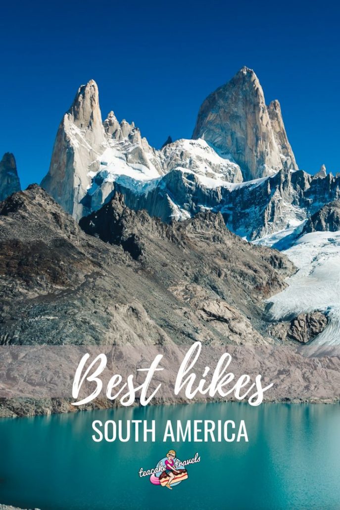 Pinterest pin titled 'Best hikes South America' over the snow-capped Fitz Roy peaks above a turquoise lake in Patagonia.