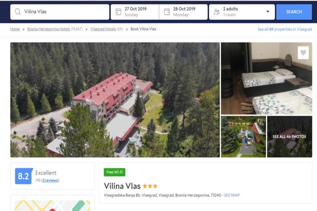 Agoda booking page for Vilina Vlas hotel in Visegrad, Bosnia, showing the forest hotel and a twin room