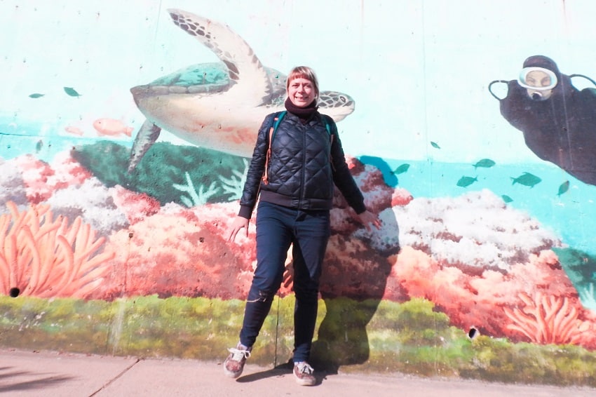 Alice Teacake in front of a mural depicting a turtle and diver undersea