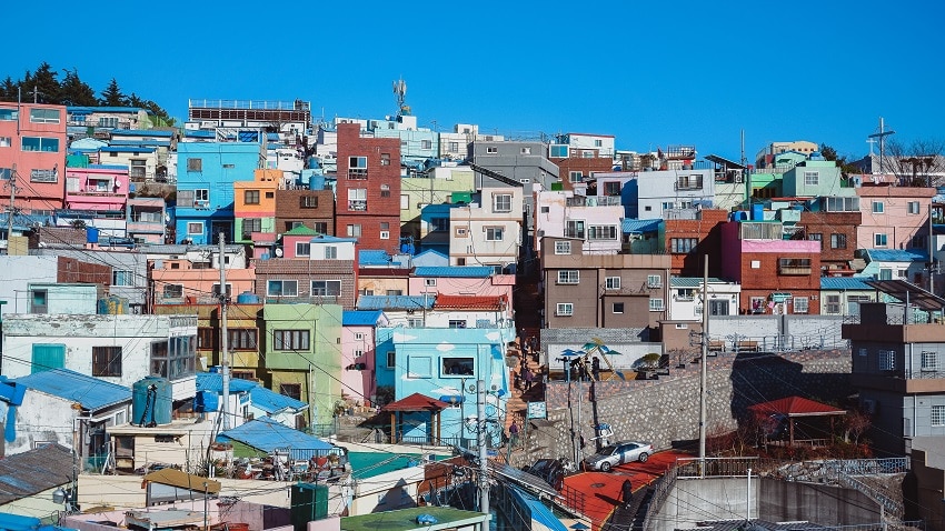 Lots of coloured houses with cafes and street art throughout in Gamcheon Culture Village