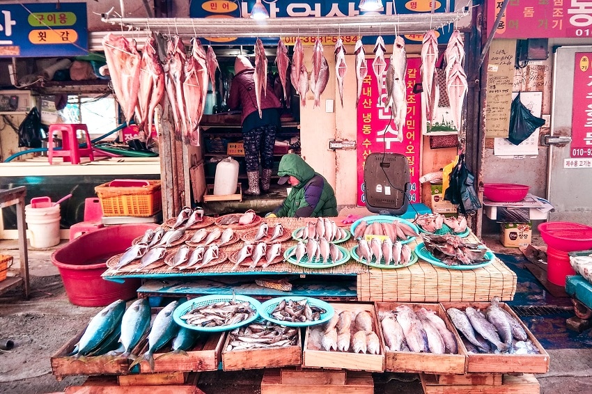 Jalgachi Fish Market stallholder selling dried fish outside in Busan Korea