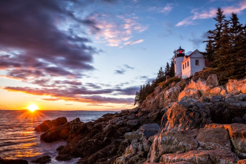 Bass Harbor Lighthouse at sunset in Acadia National Park