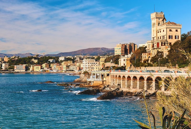 The seaport of Genoa with fantastic architecture along its seaport.