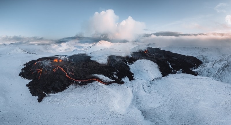 Lava flowing from a volcanic eruptic from Mount Fagradalsfjall Geldingadalir valley in Southwest Iceland.