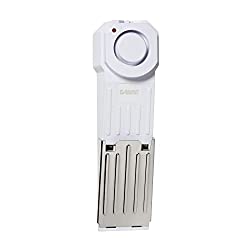 White portable door stop alarm with a stainless steel wedge base.