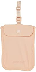 Beige fabric neck pouch with a flap and adjustable strap for hidden travel documents.
