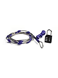Coiled steel cable lock with a small padlock for securing bags.