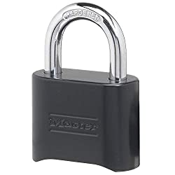 Black Master Lock combination padlock with a steel shackle.