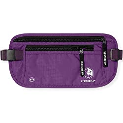 Purple zipped money belt worn under clothing for travel.