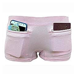 Pale pink boyshorts with hidden pockets holding a phone and passport.