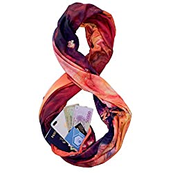 Orange and purple infinity scarf with a hidden zip pocket holding cards and a phone.