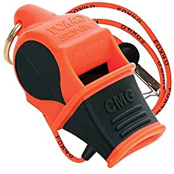 Orange and black Fox 40 Sonik Blast pealess safety whistle on a lanyard.